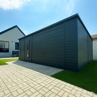 Garaż blaszany antracyt jednospadowy — realizacja EVO GARAGE