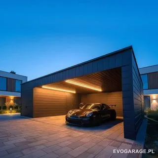 Garaż blaszany antracyt z wiatą — realizacja EVO GARAGE