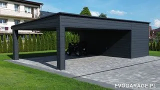 Garaż blaszany antracyt z wiatą — realizacja EVO GARAGE