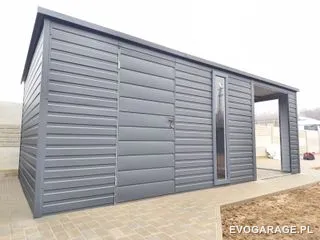 Garaż blaszany antracyt z wiatą — realizacja EVO GARAGE