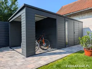 Garaż blaszany antracyt z wiatą — realizacja EVO GARAGE